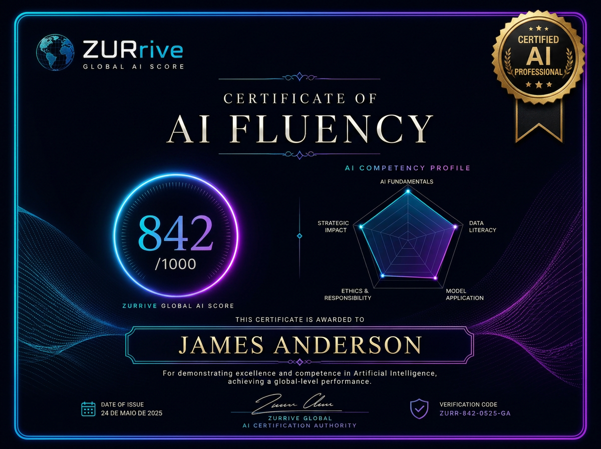 Global AI Score share card with meter, radar and verified seal